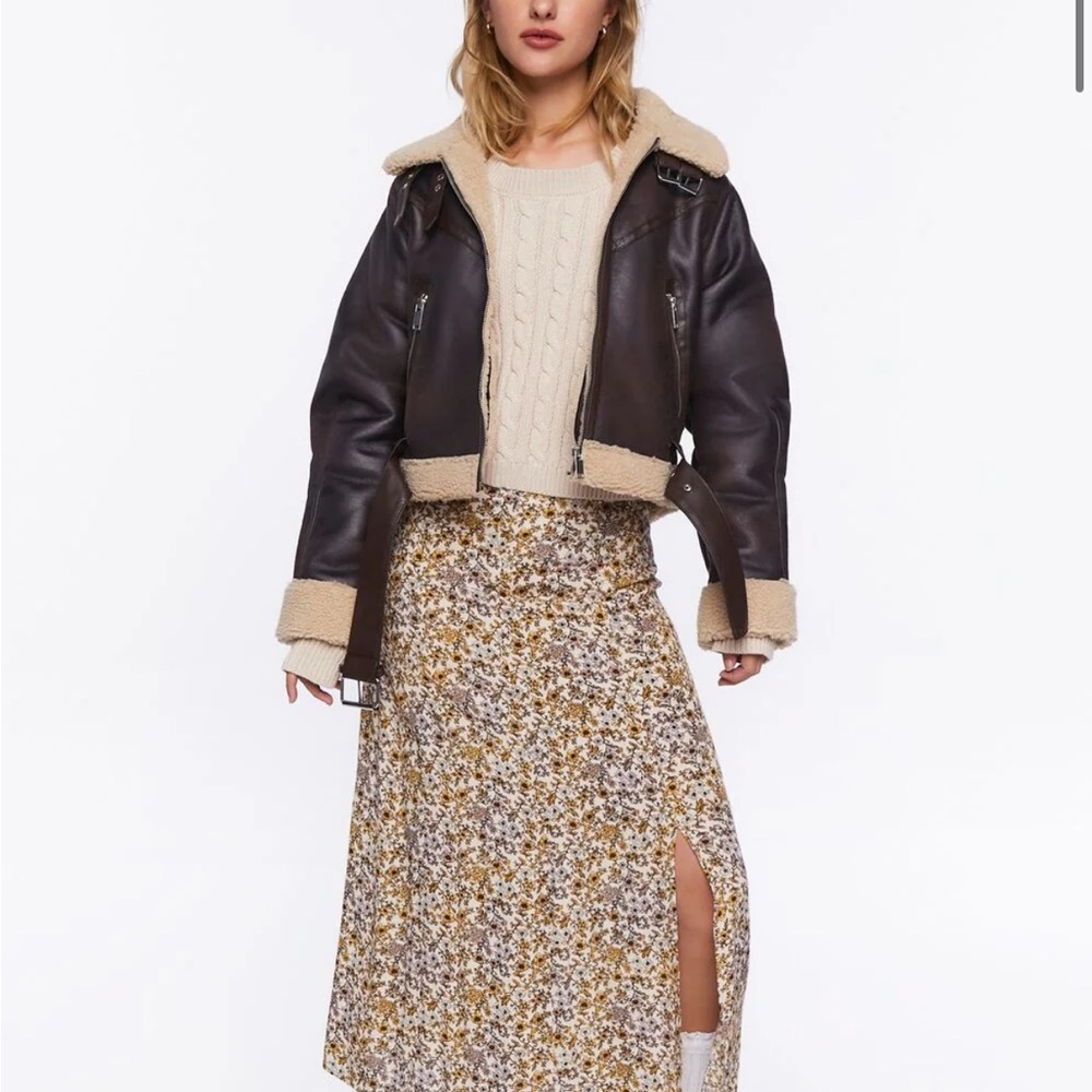 Forever 21 Faux Shearling Moto Jacket 1X Brown Cream Buckle